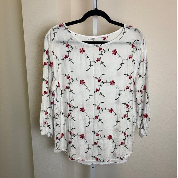 Anthropologie Kindred Embroidered White Floral Gauzy Boho Top Shirt Size Large - Picture 1 of 5